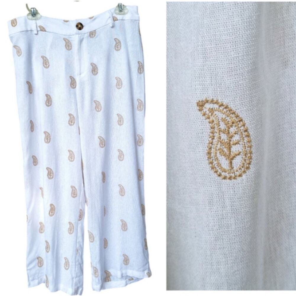 CALIGRAPHIE Anthropology Linen Blend Crop High Waist White Gold Leaf Pants Sz 10